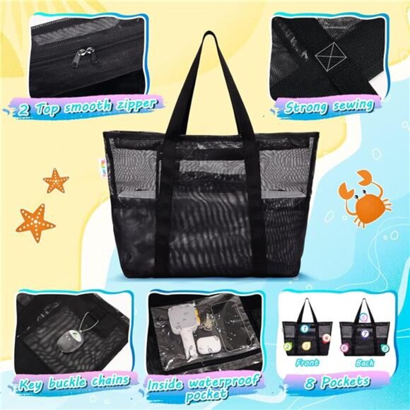 Mesh Beach Bag with Zipper Large Beach Tote Waterproof Sandproof with 8 Pockets - Picture 3 of 7